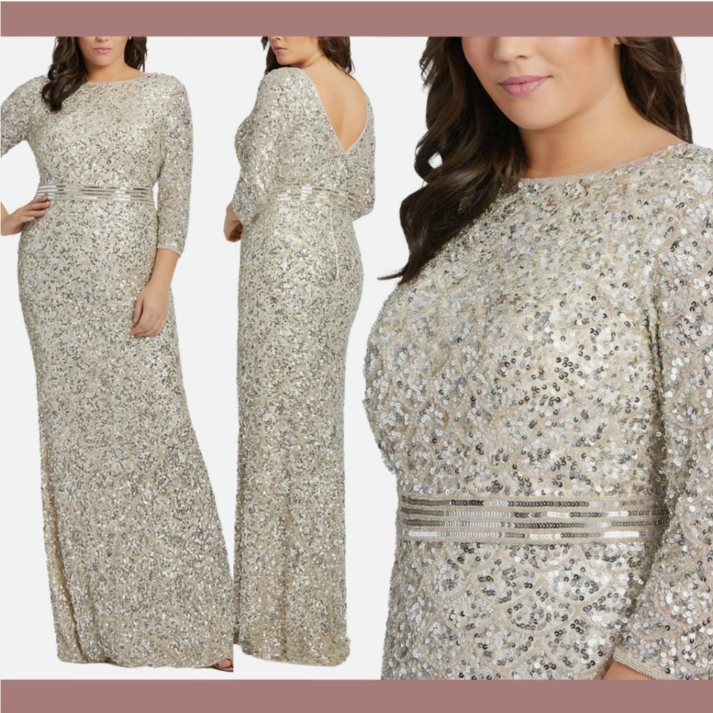 NWT Mac Duggal [ 22W ] Embellished Bateau‎ 3/4 Sleeve Gown in Nude Silver #Q475